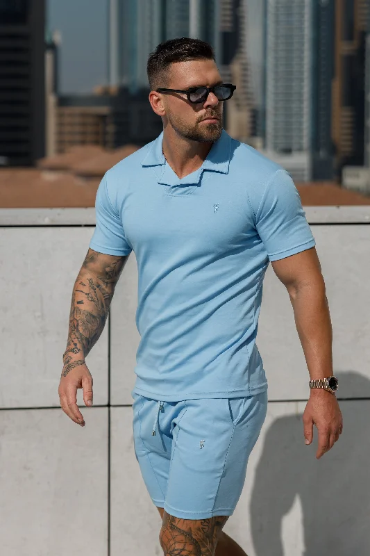 stylish graphic short sleeve shirts for men -Father Sons Classic Baby Blue Polo Shirt With Revere Collar - FSH1064