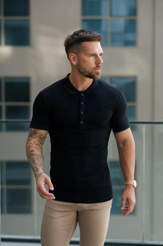 stylish fitted short sleeve shirts for men -Father Sons Classic Black Polo Shirt with Tonal Button and Embroidery - FSH824