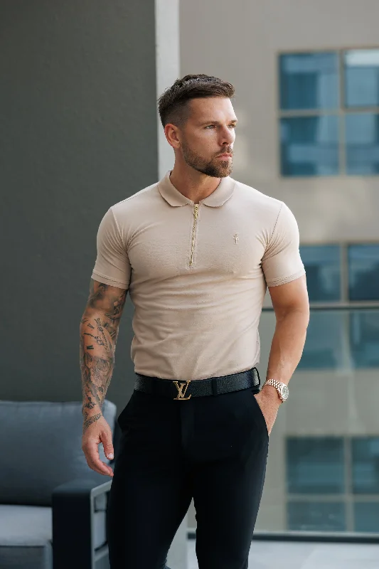 stylish summer short sleeve t-shirts for men -Father Sons Classic Beige and Gold Zipped Polo Shirt - FSH811