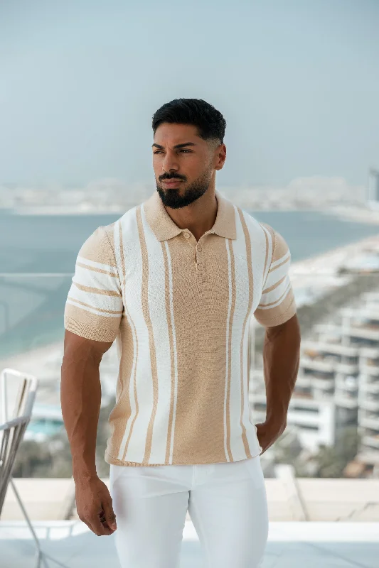 men’s stylish short sleeve button shirts -Father Sons Classic Beige / Off White Knitted Vertical Stripe Polo Short Sleeve - FSN107