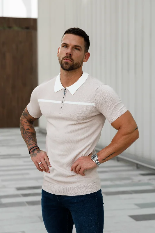 men’s short sleeve shirts for hiking -Father Sons Classic Beige / White Horizontal Stripe Zipped Polo Short Sleeve - FSN041