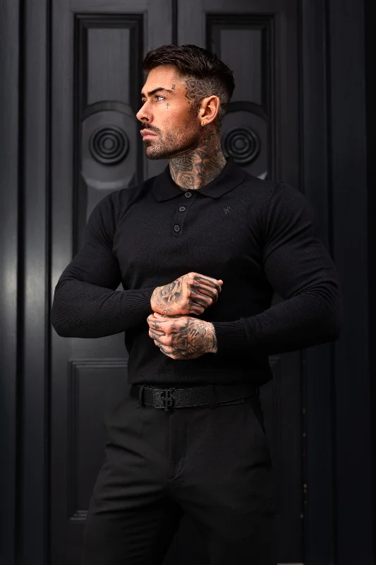 modern short sleeve t-shirts for men -Father Sons Classic Black Knitted Polo Jumper Long Sleeve With Tonal FS Embroidery- FSN139