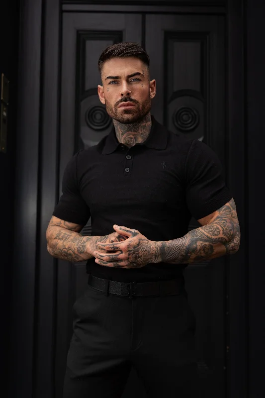 men’s striped short sleeve shirts -Father Sons Classic Black Knitted Polo Jumper Short Sleeve With Tonal FS Embroidery- FSN143