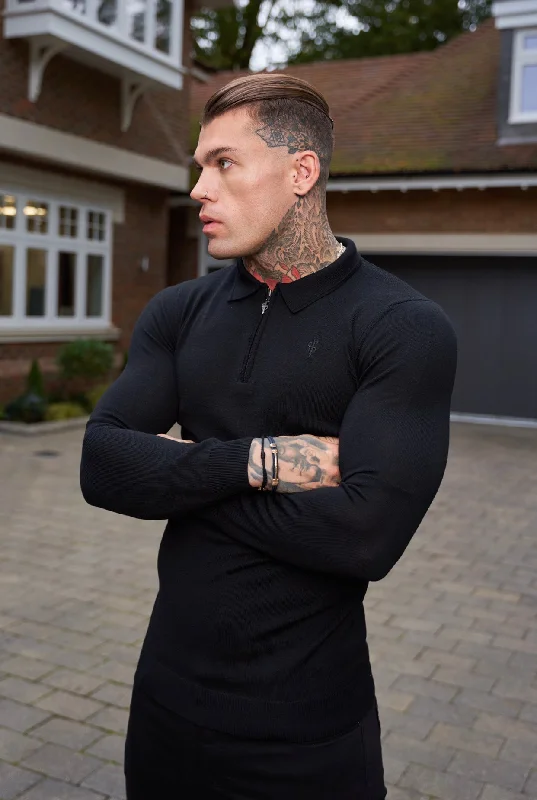 men’s luxury short sleeve shirts for summer -Father Sons Classic Black Merino Wool Knitted Zip Polo Long Sleeve Jumper With FS Embroidery- FSN010