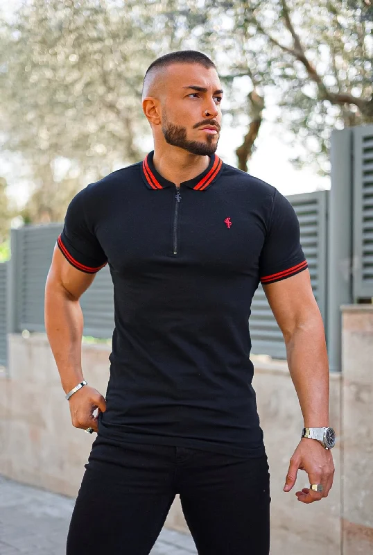 men’s stylish casual short sleeve t-shirts -Father Sons Classic Black / Red Collar and Sleeve Contrast Polo Short Sleeve - FSH619