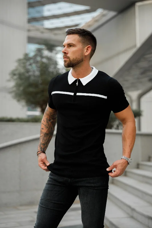 short sleeve t-shirts for travel wear for men -Father Sons Classic Black / White Horizontal Stripe Zipped Polo Short Sleeve - FSN038