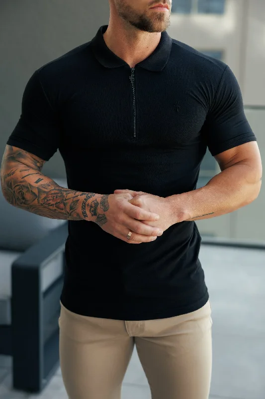 men’s stylish short sleeve shirts for casual outings -Father Sons Classic Black Zipped Polo Shirt - FSH1228