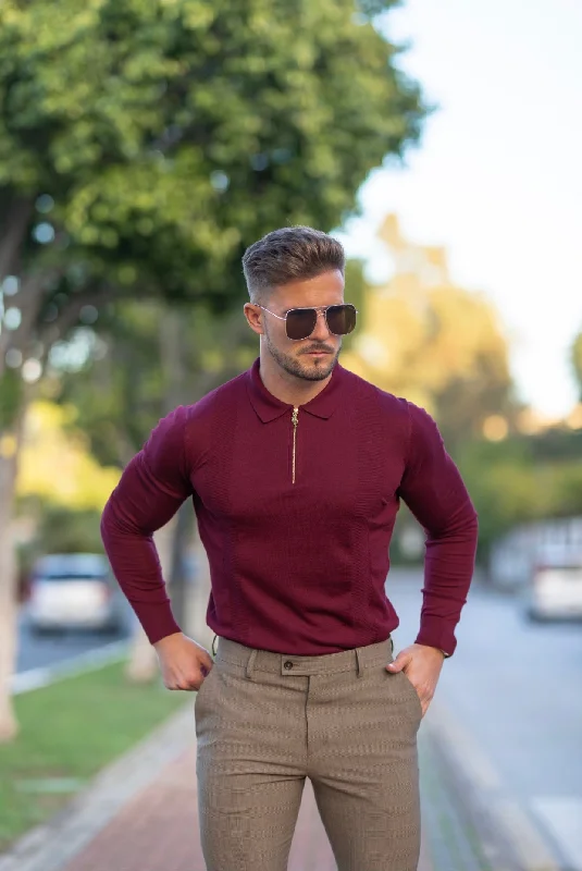 best short sleeve shirts for active men -Father Sons Classic Burgundy and Gold Zip Knitted Long Sleeve Polo Shirt - FSH566