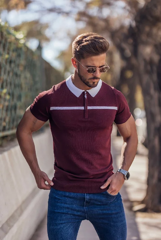 men’s printed short sleeve t-shirts for fashion -Father Sons Classic Burgundy / White Horizontal Stripe Zipped Polo Short Sleeve - FSN045