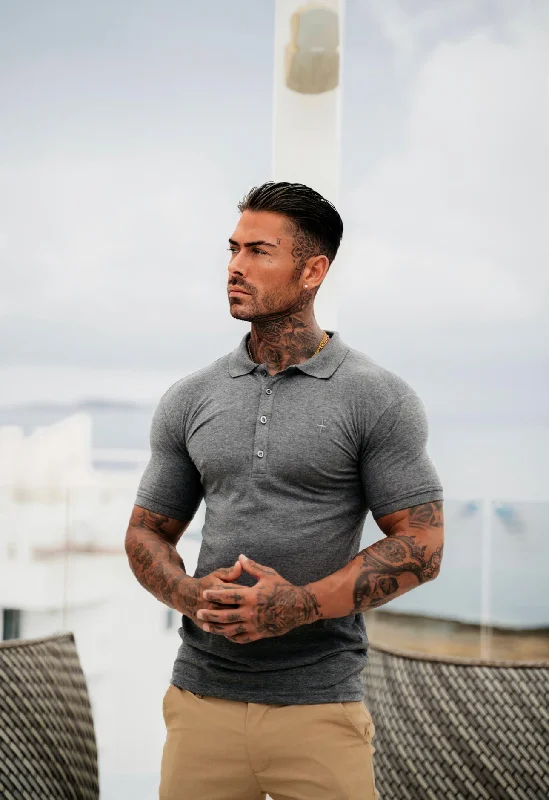 short sleeve graphic t-shirts for men -Father Sons Classic Dark Grey Polo Shirt with Tonal Button and Embroidery - FSH826