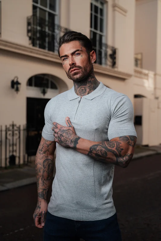 short sleeve shirts for weekend wear for men -Father Sons Classic Grey Marl and Silver Zip Knitted Polo Shirt Short Sleeve  - FSN132