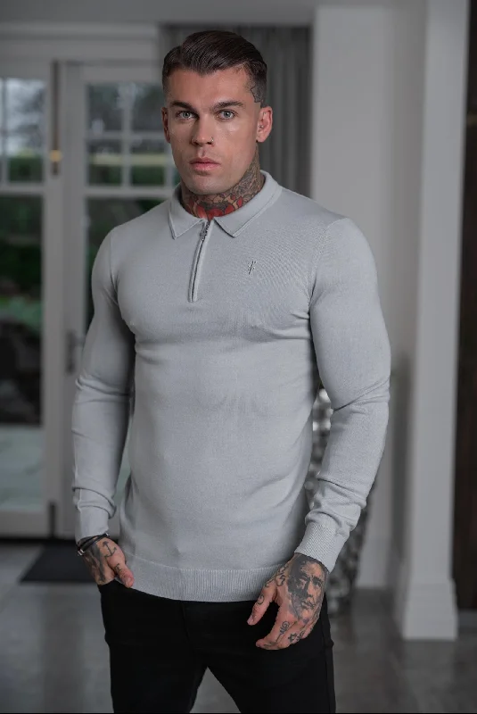 men’s classic short sleeve shirts for office -Father Sons Classic Grey Merino Wool Knitted Zip Polo Long Sleeve Jumper With FS Embroidery- FSN009