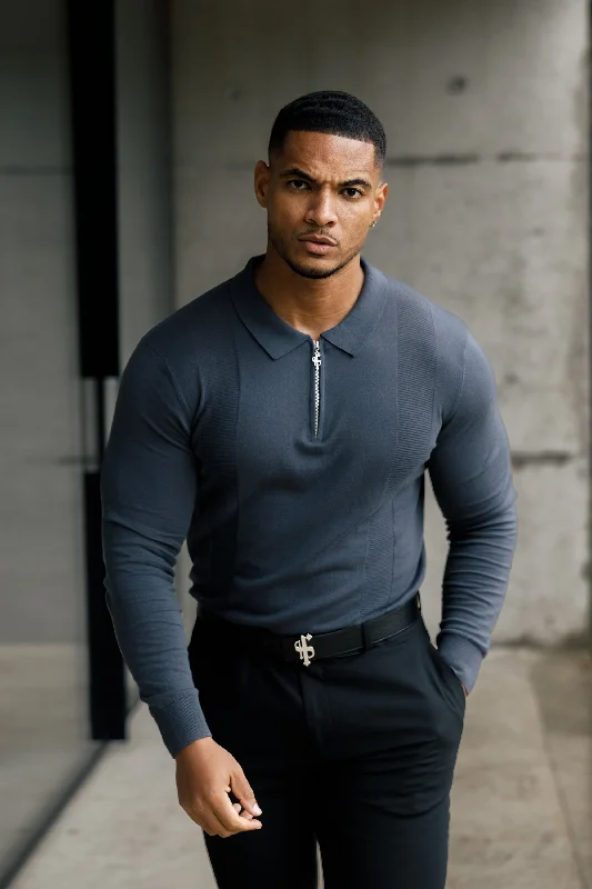 affordable graphic short sleeve shirts for men -Father Sons Classic Gunmetal and Silver Zip Knitted Polo Shirt Long Sleeve - FSN128