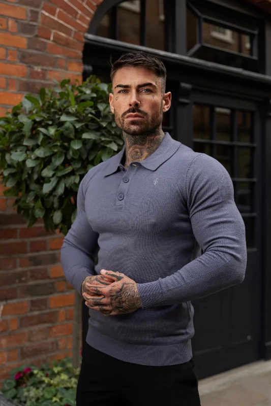 men’s comfy short sleeve shirts for work -Father Sons Classic Gunmetal Knitted Polo Jumper Long Sleeve With Tonal FS Embroidery- FSN141