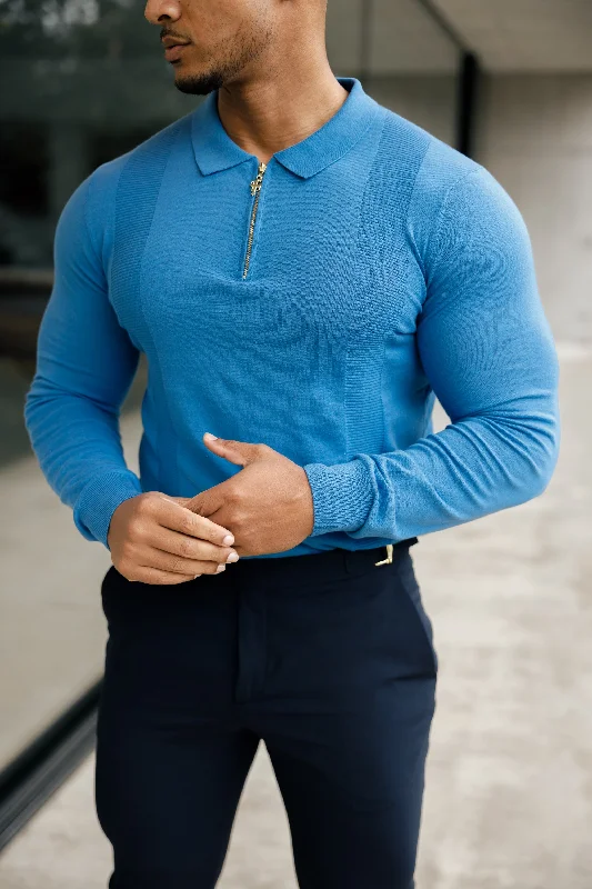 fashionable short sleeve t-shirts for men -Father Sons Classic Mid Blue and Gold Zip Knitted Polo Shirt Long Sleeve - FSN129