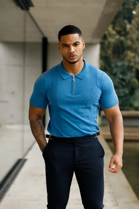 classic short sleeve polo shirts for men -Father Sons Classic Mid Blue and Gold Zip Knitted Polo Shirt Short Sleeve  - FSN134