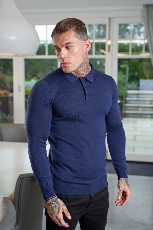 stylish short sleeve shirts for work -Father Sons Classic Navy Merino Wool Knitted Polo Jumper Long Sleeve With FS Embroidery- FSN015