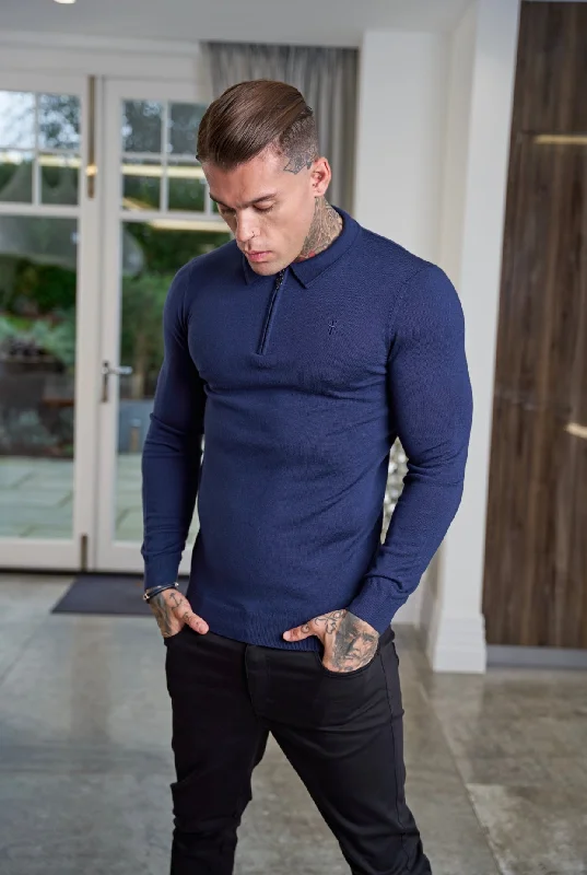 men’s summer-ready short sleeve t-shirts -Father Sons Classic Navy Merino Wool Knitted Zip Polo Long Sleeve Jumper With FS Embroidery- FSN007