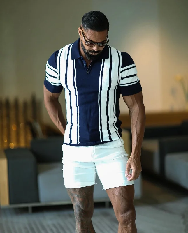 men’s comfortable short sleeve work shirts -Father Sons Classic Navy / Off White Knitted Vertical Stripe Polo Short Sleeve - FSN105