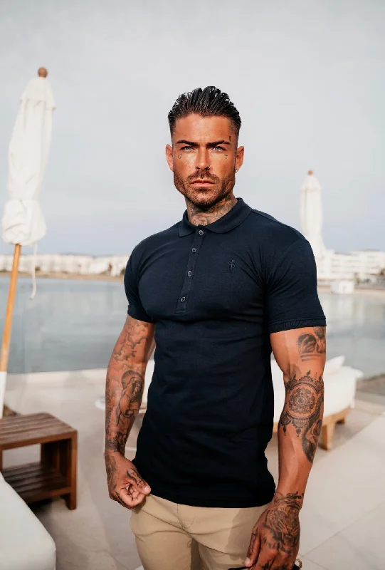 comfortable and stylish short sleeve t-shirts -Father Sons Classic Navy Polo Shirt with Tonal Button and Embroidery - FSH825