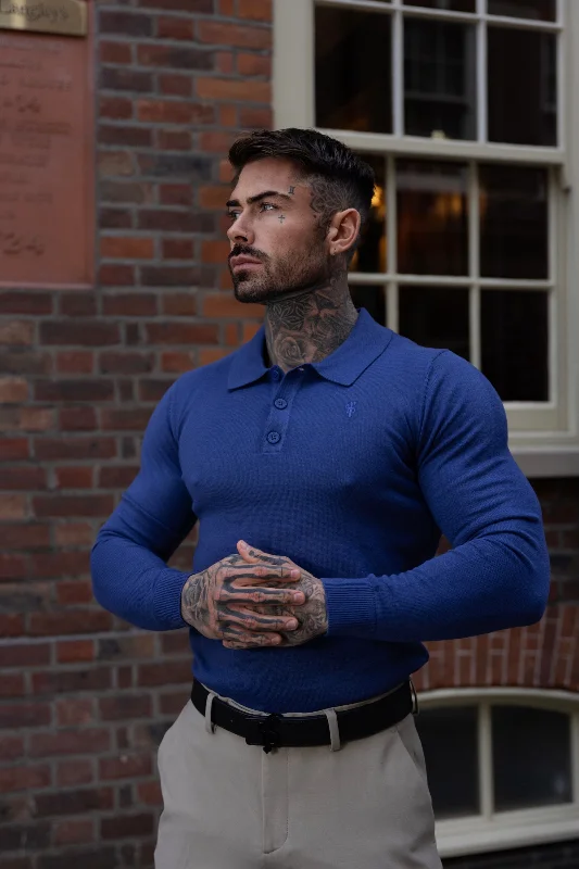 men’s short sleeve shirts with cool designs -Father Sons Classic Ocean Blue Knitted Polo Jumper Long Sleeve With Tonal FS Embroidery- FSN140