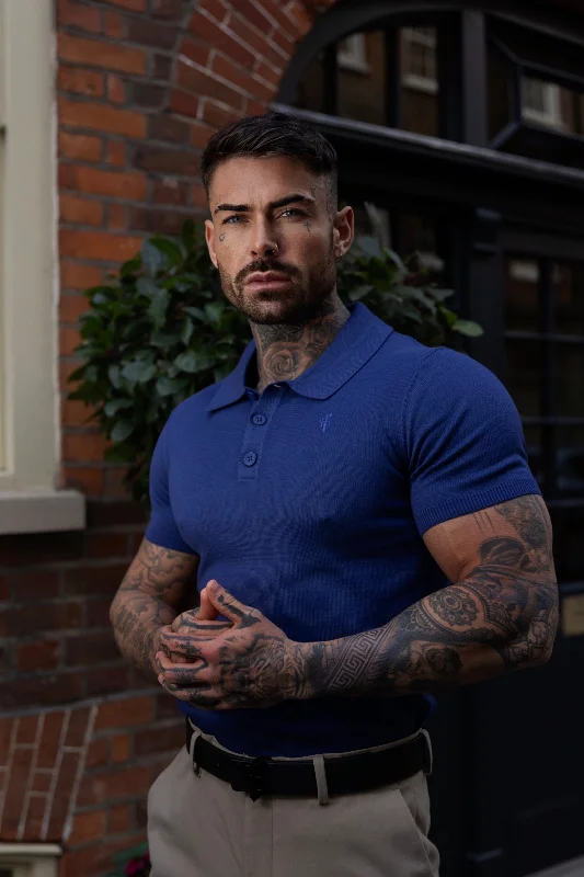 men’s short sleeve shirts for warm weather -Father Sons Classic Ocean Blue Knitted Polo Jumper Short Sleeve With Tonal FS Embroidery- FSN144