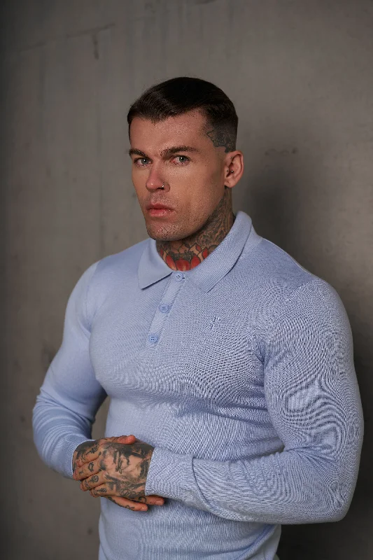 trendy and affordable short sleeve shirts for men -Father Sons Classic Pale Blue Knitted Polo Jumper Long Sleeve With Tonal FS Embroidery- FSN142