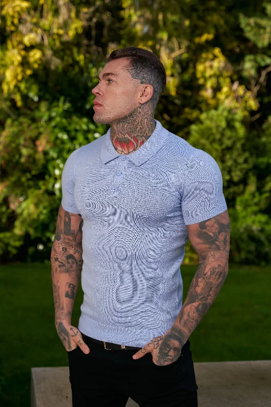 stylish summer short sleeve shirts for men -Father Sons Classic Pale Blue Knitted Polo Jumper Short Sleeve With Tonal FS Embroidery- FSN146