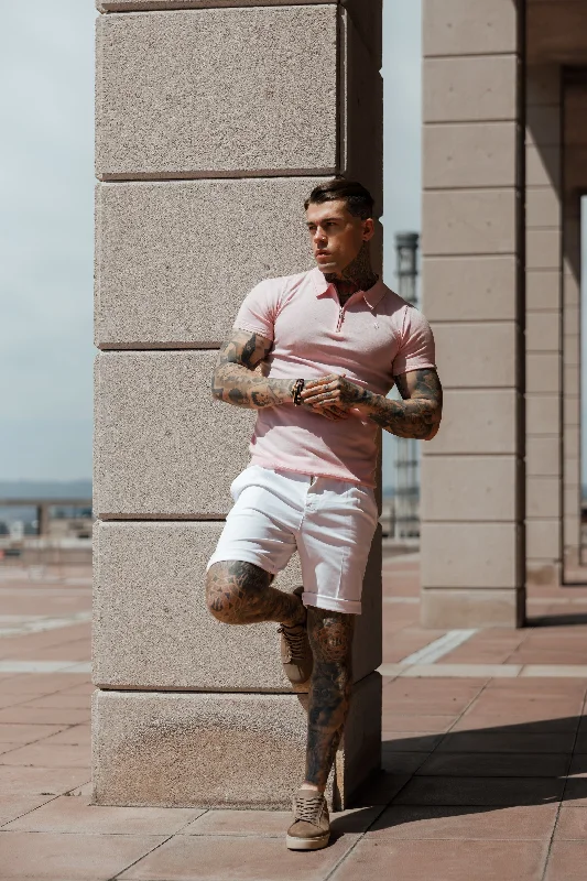 stylish fitted short sleeve shirts for men -Father Sons Classic Pale Pink Merino Wool Knitted Zip Polo Short Sleeve Jumper With FS Embroidery- FSN029