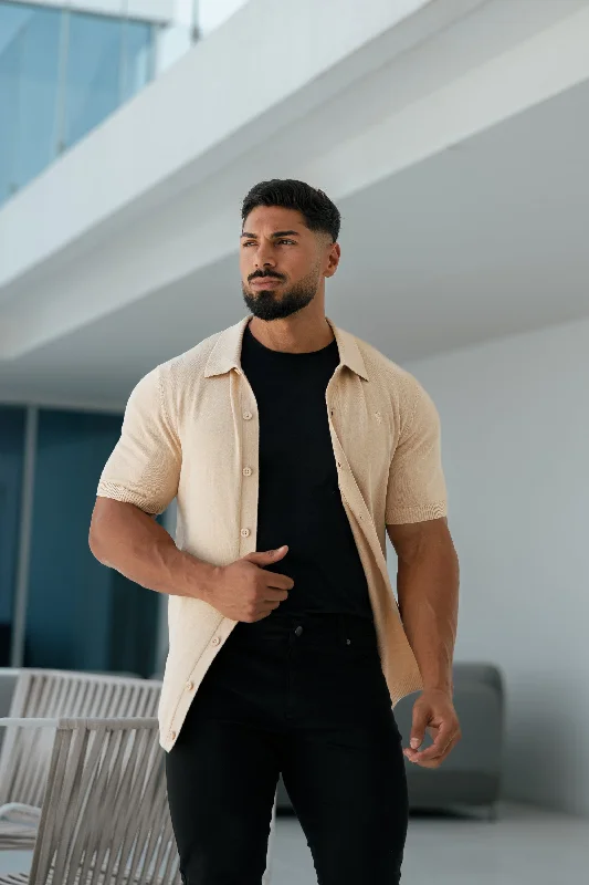 comfortable short sleeve t-shirts for work -Father Sons Classic Plain Beige Knitted Button Through Polo Short Sleeve - FSN104