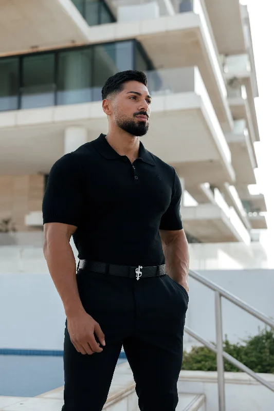 men’s short sleeve shirts with floral patterns -Father Sons Classic Plain Black Knitted Polo Short Sleeve - FSN108