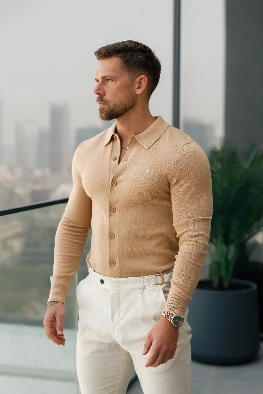 men’s luxury short sleeve shirts for summer -Father Sons Classic Plain Coffee Knitted Button Through Polo Long Sleeve - FSN171