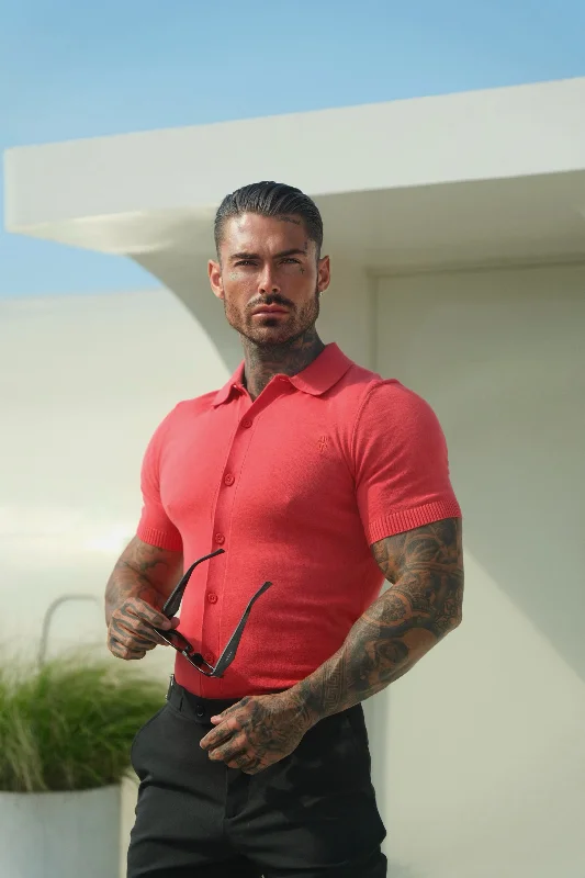 men’s breathable short sleeve polo t-shirts -Father Sons Classic Plain Coral Knitted Button Through Polo Short Sleeve - FSN164