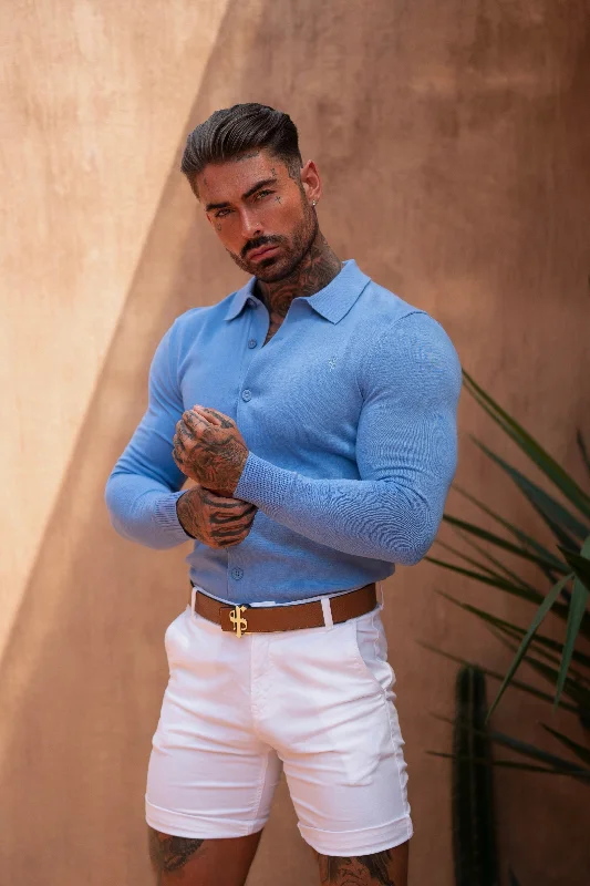 men’s classic short sleeve shirts for office -Father Sons Classic Plain Light Blue Knitted Button Through Polo Long Sleeve - FSN169