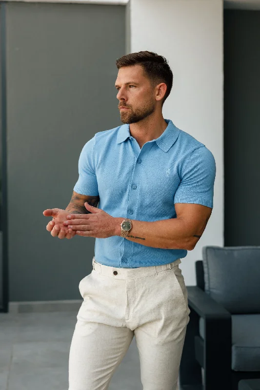 stylish short sleeve shirts for work -Father Sons Classic Plain Light Blue Knitted Button Through Polo Short Sleeve - FSN161