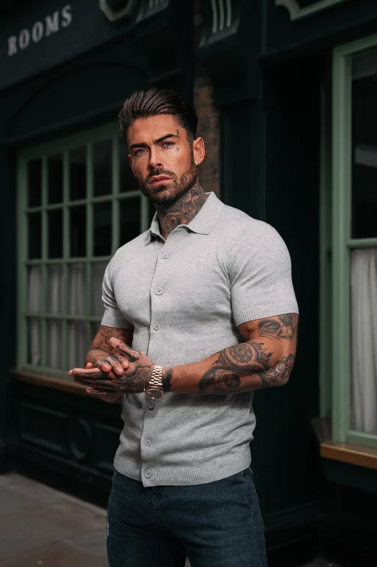 men’s slim-fit short sleeve shirts for office wear -Father Sons Classic Plain Light Grey Knitted Button Through Polo Short Sleeve - FSN102