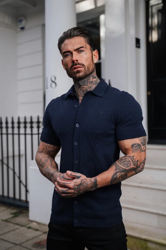 trendy short sleeve shirts for hot weather -Father Sons Classic Plain Navy Knitted Button Through Polo Short Sleeve - FSN103