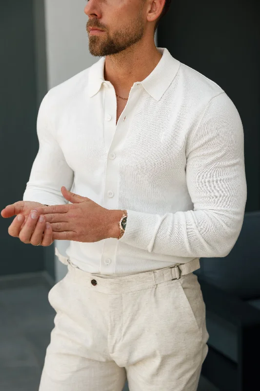 best short sleeve shirts for active men -Father Sons Classic Plain Off White Knitted Button Through Polo Long Sleeve - FSN172