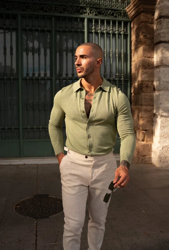 classic summer short sleeve shirts for men -Father Sons Classic Plain Olive Knitted Button Through Polo Long Sleeve - FSN170