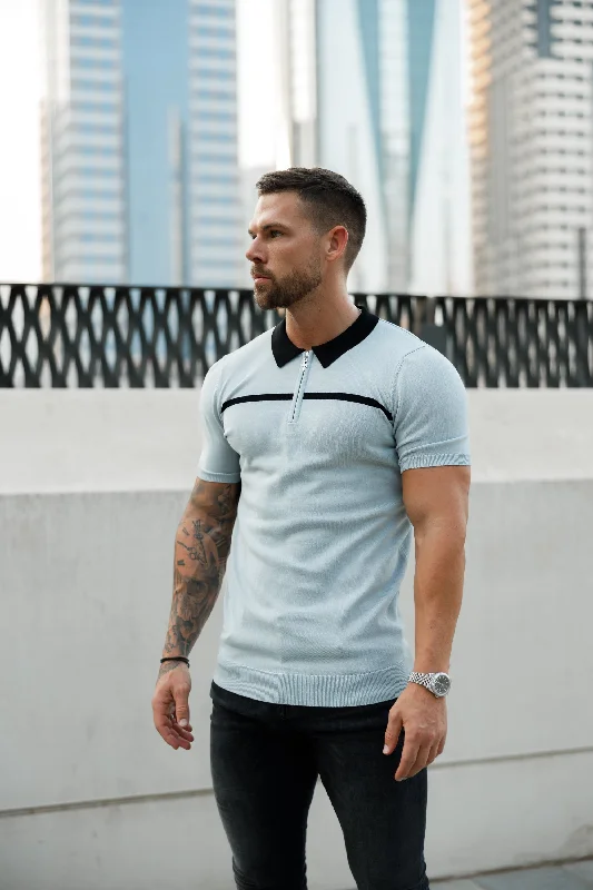 versatile short sleeve t-shirts for outdoor activities -Father Sons Classic Silver Grey / Black Horizontal Stripe Zipped Polo Short Sleeve - FSN040