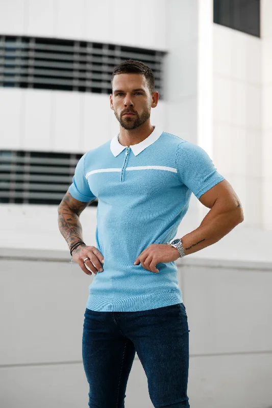 relaxed short sleeve t-shirts for men -Father Sons Classic Sky Blue / White Horizontal Stripe Zipped Polo Short Sleeve - FSN058