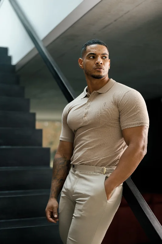 casual yet stylish short sleeve t-shirts for men -Father Sons Classic Taupe Polo Shirt with Tonal Button and Embroidery - FSH913