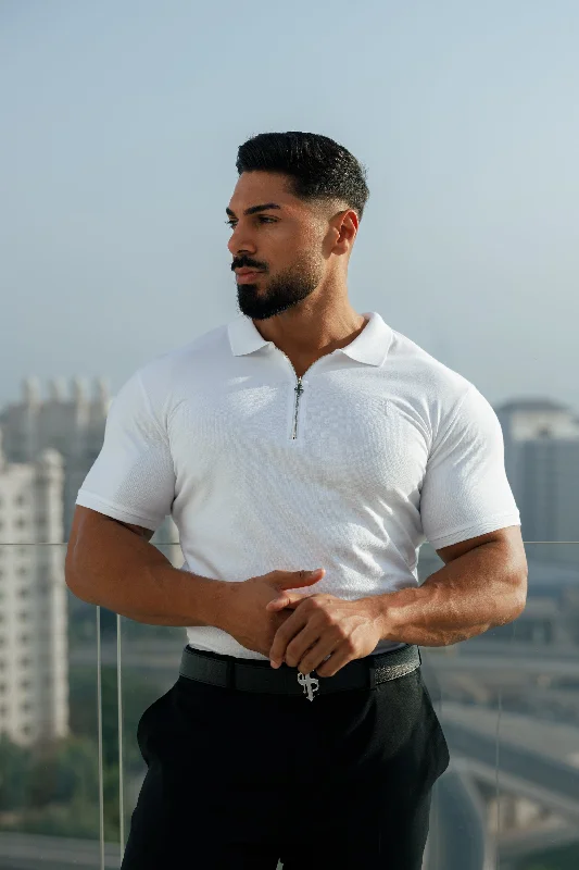 men’s high-quality short sleeve polo shirts -Father Sons Classic White and Silver Zipped Polo Shirt - FSH853