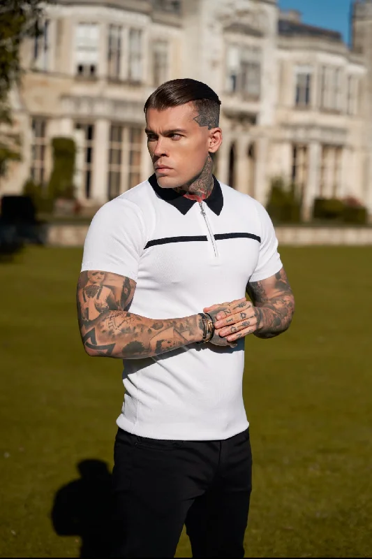 men’s short sleeve shirts for spring and summer -Father Sons Classic White / Black Horizontal Stripe Zipped Polo Short Sleeve - FSN043