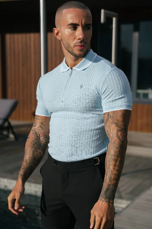 affordable men’s summer short sleeve shirts -FS Classic Powder Blue Ribbed Zip Polo with Contrast Short Sleeve - FSH1106