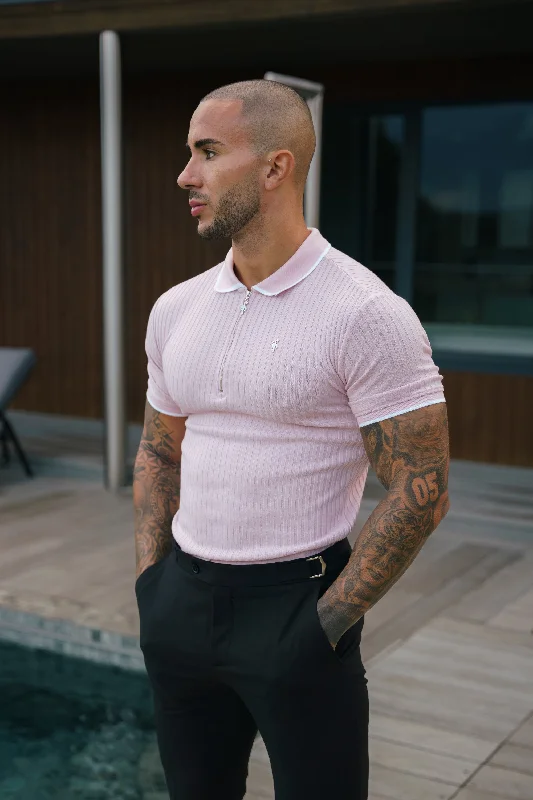 trendy short sleeve shirts for casual outings -FS Classic Powder Pink Ribbed Zip Polo with Contrast Short Sleeve - FSH1105