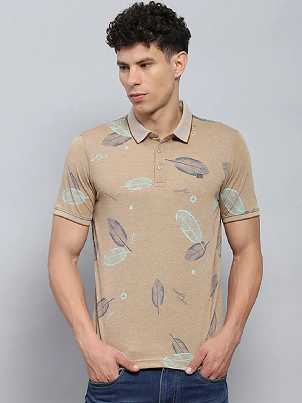 best-selling short sleeve shirts for men -Men Beige Printed Collar Half Sleeve T-Shirt