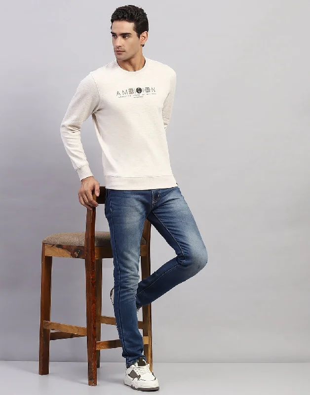 men’s short sleeve shirts with floral patterns -Men Beige Printed Round Neck Full Sleeve Winter T-Shirt