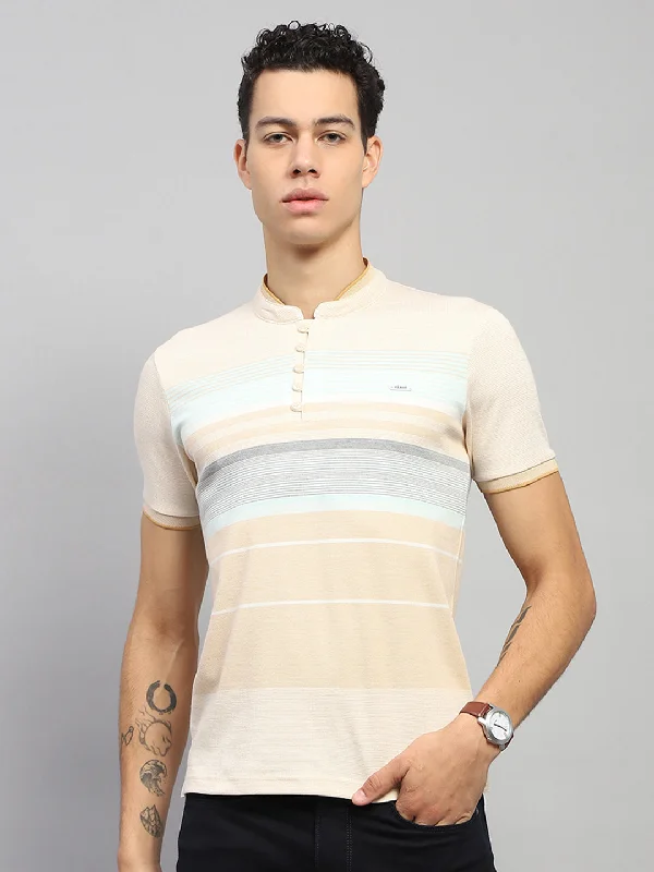 versatile summer short sleeve t-shirts for men -Men Beige Stripe Band Collar Half Sleeve T-Shirt