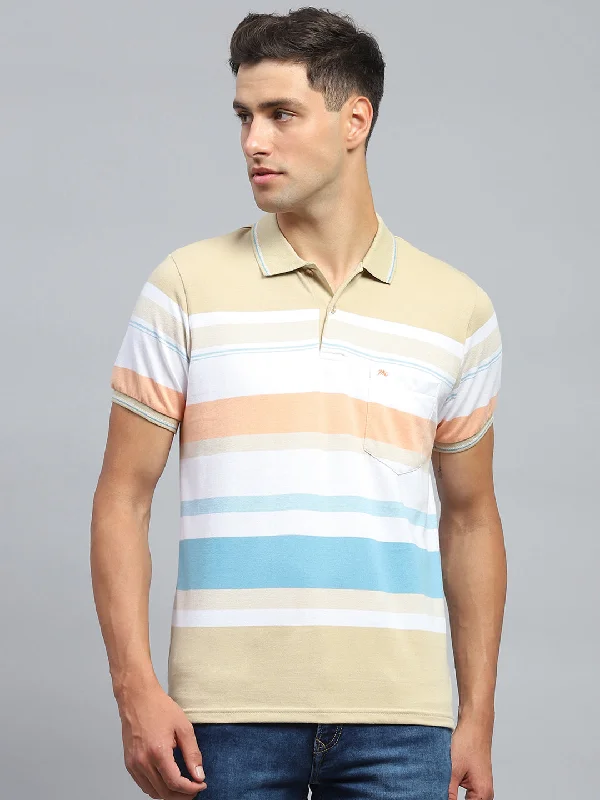 men’s classic short sleeve t-shirts -Men Beige Stripe Collar Half Sleeve T-Shirt